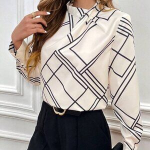 White Boho Womens Geo Print Twist Front Blouse
